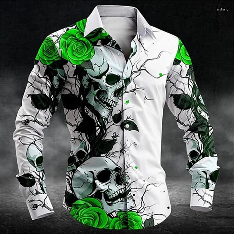 Men's T Shirts Rose Skull Casual Dark Button-Down T-Shirt Long Sleeve Party/Evening Wear Everyday Fall/Winter 3D Printing B2