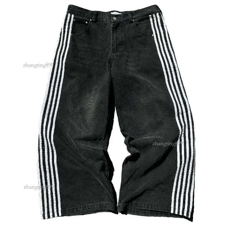 Baggy Jeans Harajuku Goth Y2k Designer Jeans for Men Black Striped New Hip Hop Embroidered Wide Leg Denim Pants High Street Streetwear