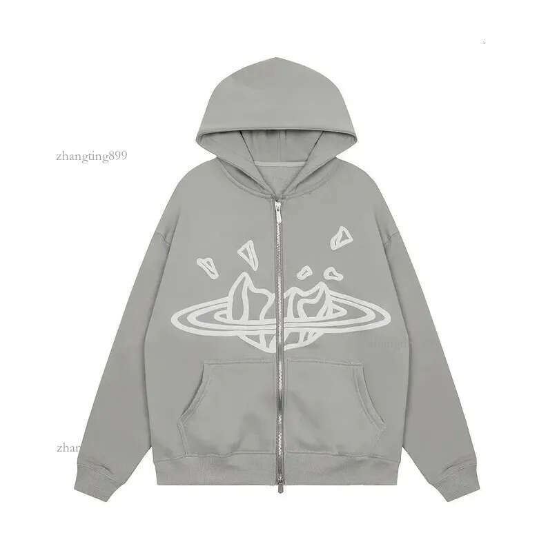 Y2k Men's Hoodies Heavyweight pure cotton space gray printed hoodie set with American trendy zippered jacket