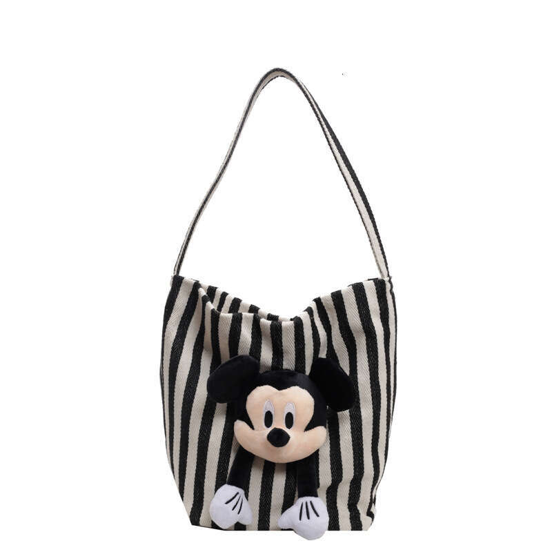 Cartoon Cute Underarm Women's Striped Canvas One Shoulder Bucket Large Capacity Classroom Commuter Tote Bag