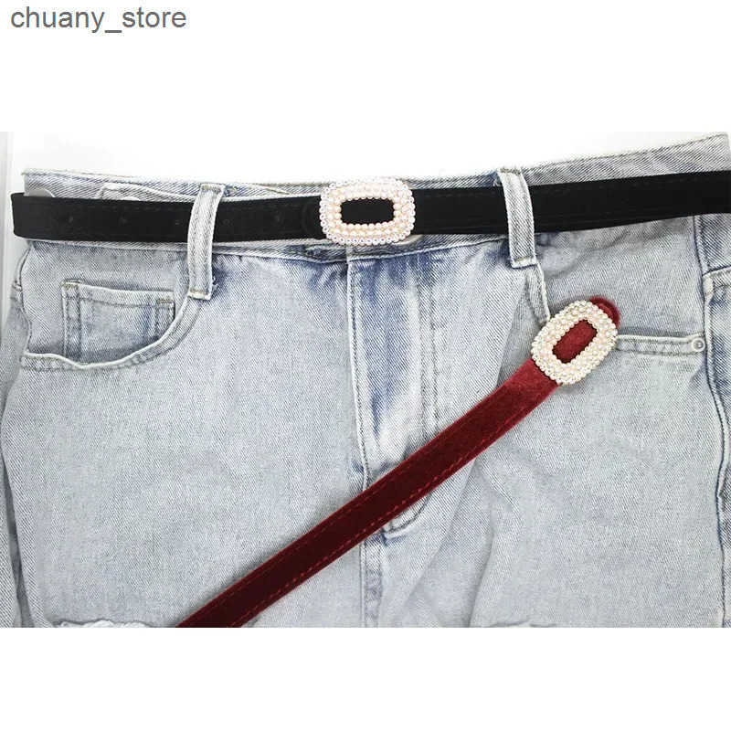 Waist Chain Belts Velvet PU Leather Womens Belt Fashion Trend Versatile Dress Accessories Gothic Retro Corset Slim Rhinestone Buckle Waistband L240910