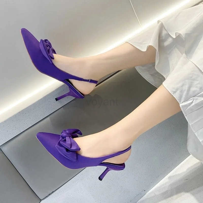 Cfort Shoes for Wen Sandals Stiletto H bow tie Summer Suit Fem Purple Large Size New Girls Low Pointed High Black Big Z250326