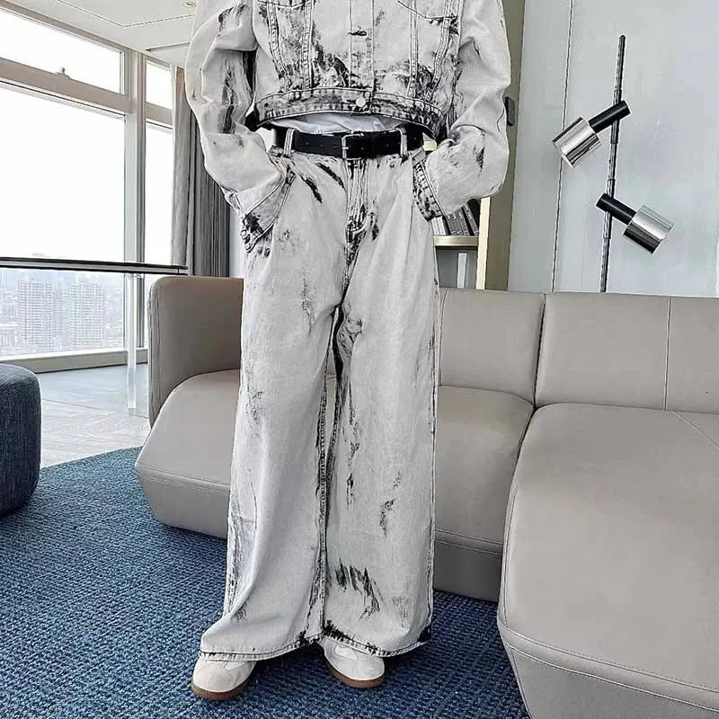 Retro Wash Tie Dye Denim Set Men High Street Casual Loose Jean Jackets Wide Leg Jeans Male Spring 2pcs Sets Hip Hop Fashion Suit 240415