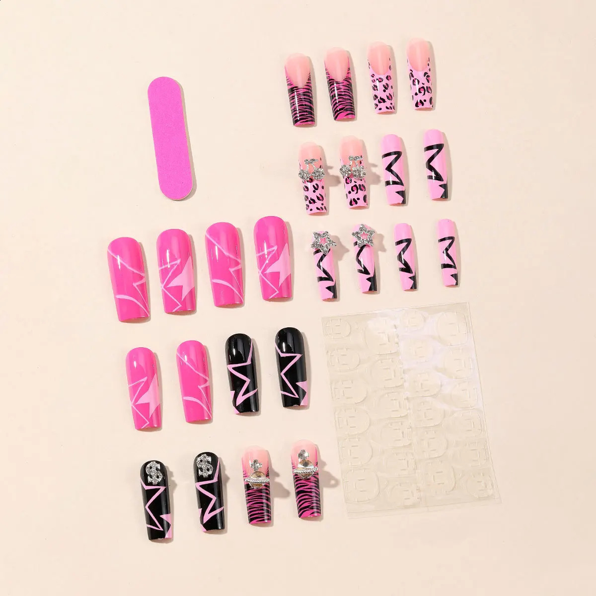 Wearable Punk Fake Nails Y2K Long Ballet Press On Nails 24pcs Leopard French False Nails with Diamond Star Cherry Decor Finished 241119