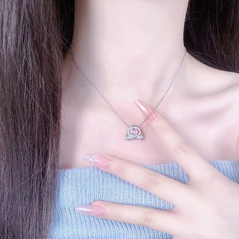 Fashionable Women's Pumpkin Carriage Charm Necklace Featuring Lovely Pink Zircon Stones and Durable Stainless Steel