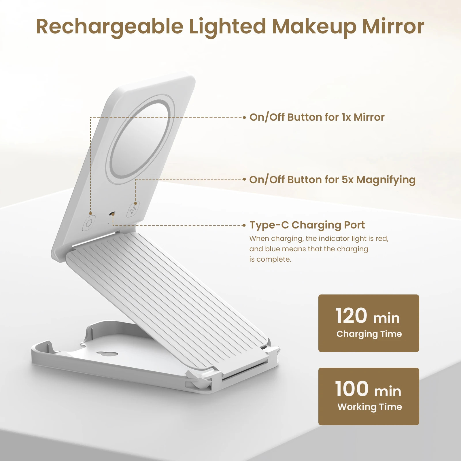 Travel Makeup Mirror with Lights Portable Vanity Mirror with 5X Lighted Magnification Freely Adjust Height and Angle 241119
