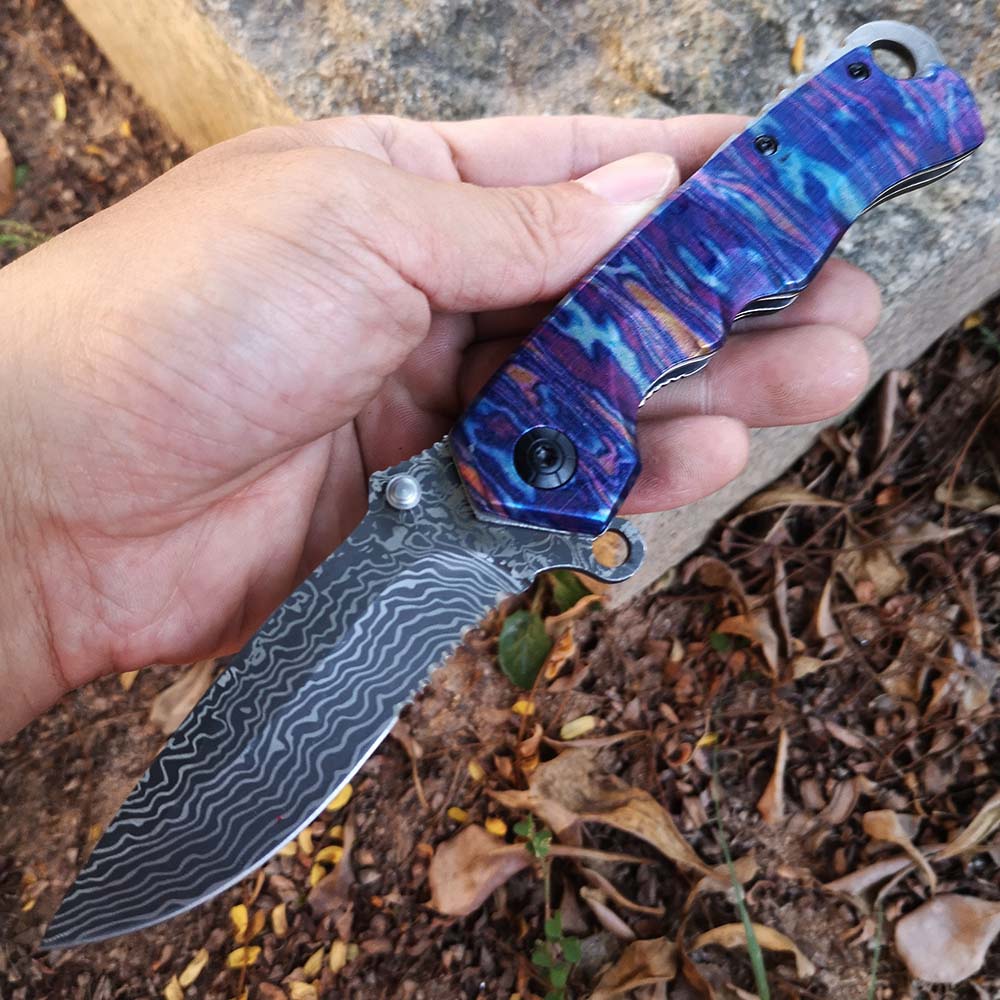 olding Blade Knife Tacticfal F,Prime Quality Knife,Damascus Blade 3D Rainbow Handle,Good for Collection and Outdoor Survival Hunting Camping Hiking HE