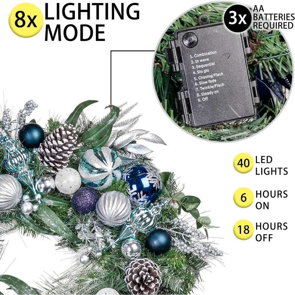 30 Inch Pre-Lit Christmas Wreath for Front Door with Lights Large Lighted Christmas Wreath with Silver Blue zyc241120