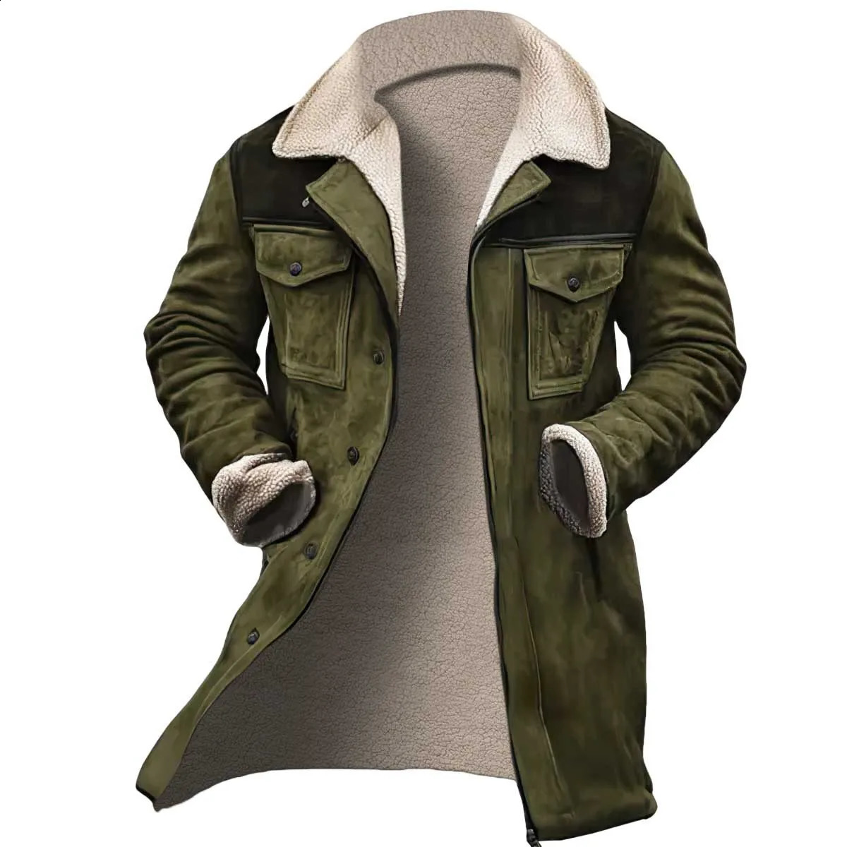 Europe and The United States Fashion Solid Color Fleecing Zipper Trench Coat Mens Autumn Winter Midlength Warm 241119