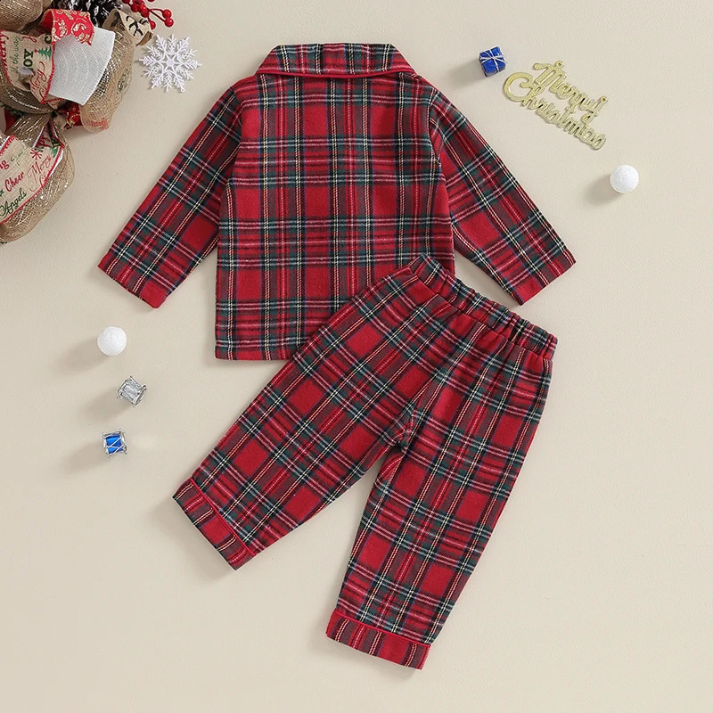 BeQeuewll Kids Christmas Pajamas Set For Fall Plaid Button up Long Sleeve Shirt and Elastic Pants Loungewear Sleepwear 241120
