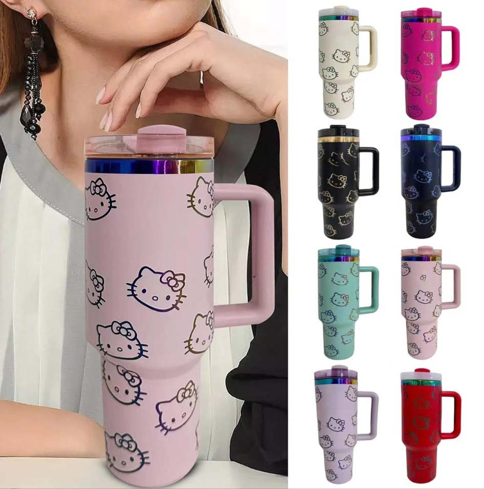 Ship from USA 40oz Tumbler Designer Cat Cups 40 OZ Stainless Steel Tumblers With Handle Lid And Straw Travel Car Mugs Clean Slate Bottles 1120