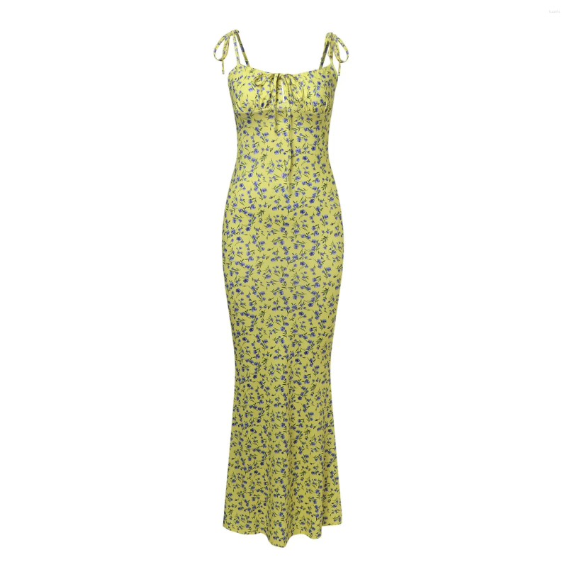 Casual Dresses Y2K Floral Print Spaghetti Strap Bodycon Sundress Deep V Neck Long Dress Sexy Backless Summer Streetwear