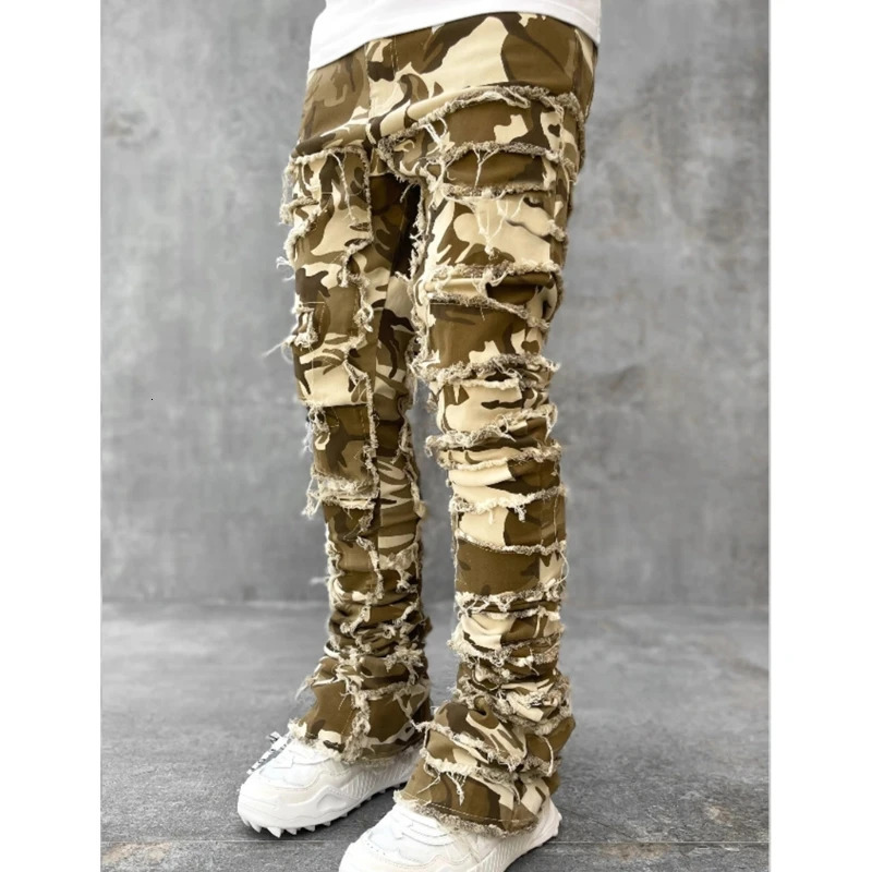 E15E Mens Stacked Jeans Fit Ripped Destroyed Straight Denims Pants Vintage Hip Hop Trouser Streetwear 240415