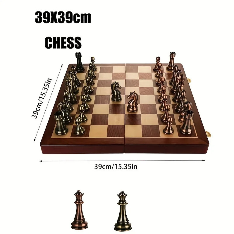 39CM Metal Set 2 Extra Large Folding Wooden Handmade Chess Board Game Travel 241119CJ