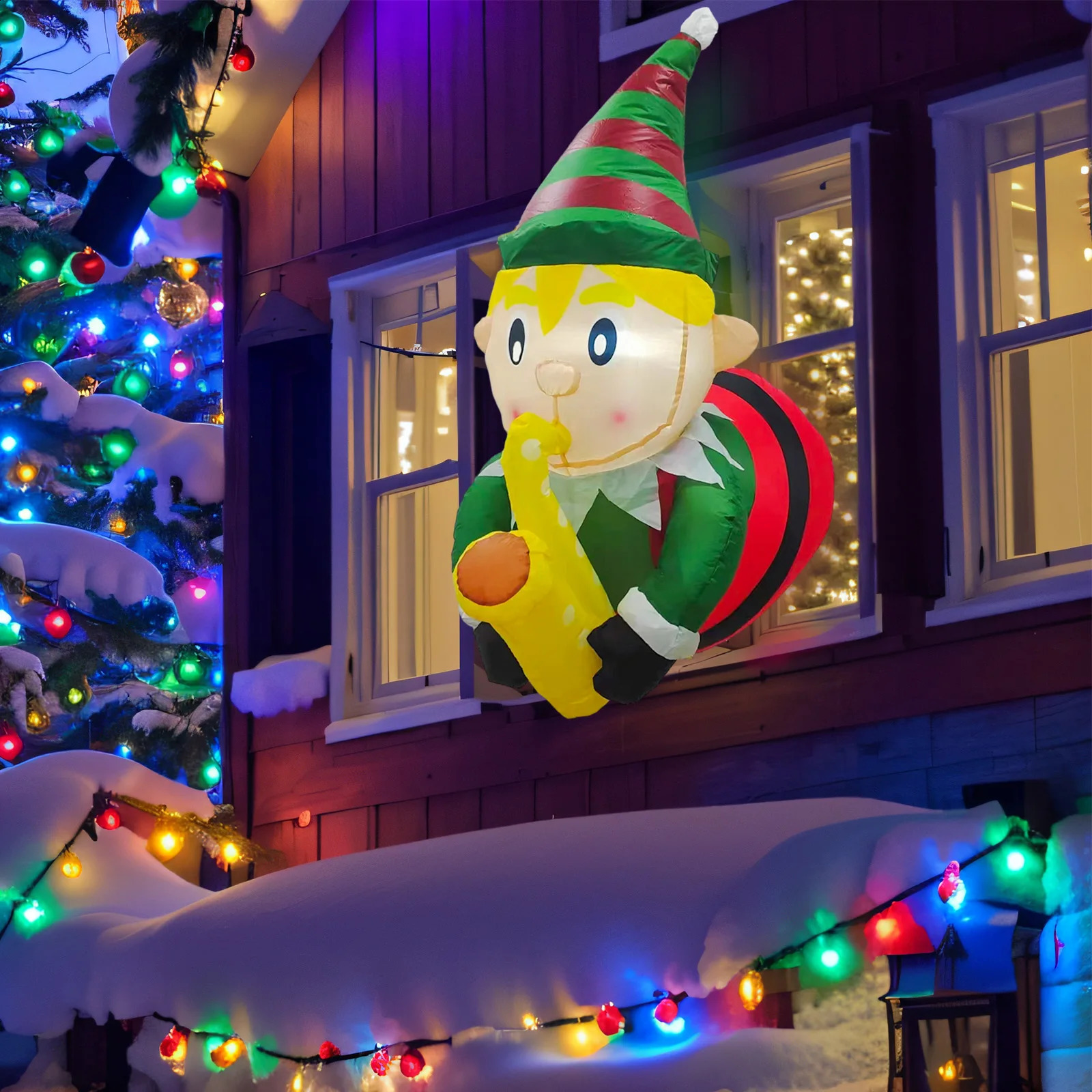 3.5-foot Christmas inflatable elf playing saxophone broken through the window with built-in LED lights for outdoor courtyard decoration 241120