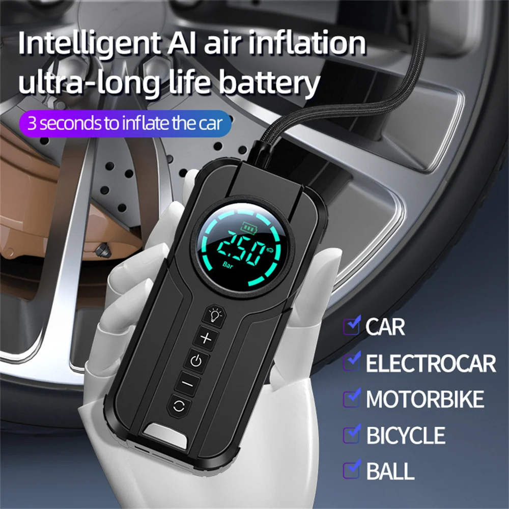 Car Jump Starter Air Pump Power Bank Lighting Portable Air Compressor Cars Battery Starters Starting Auto Tyre Inflator