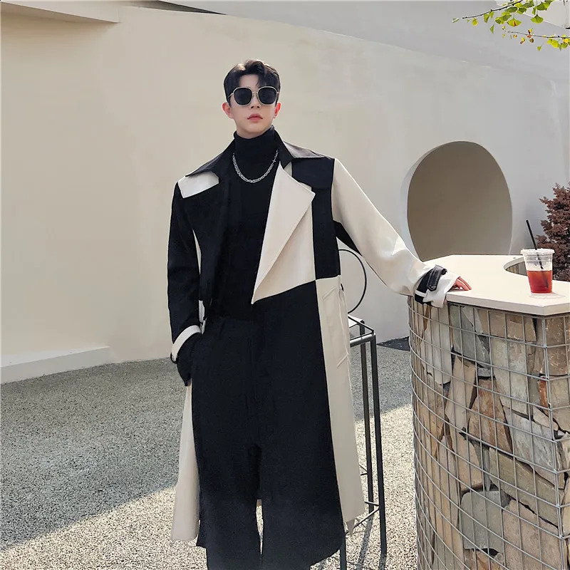 Autumn Winter Korean Fashion Contrast Color Trench Coat Mens High Quality Casual Long Jackets Gabardina Hombre 241120