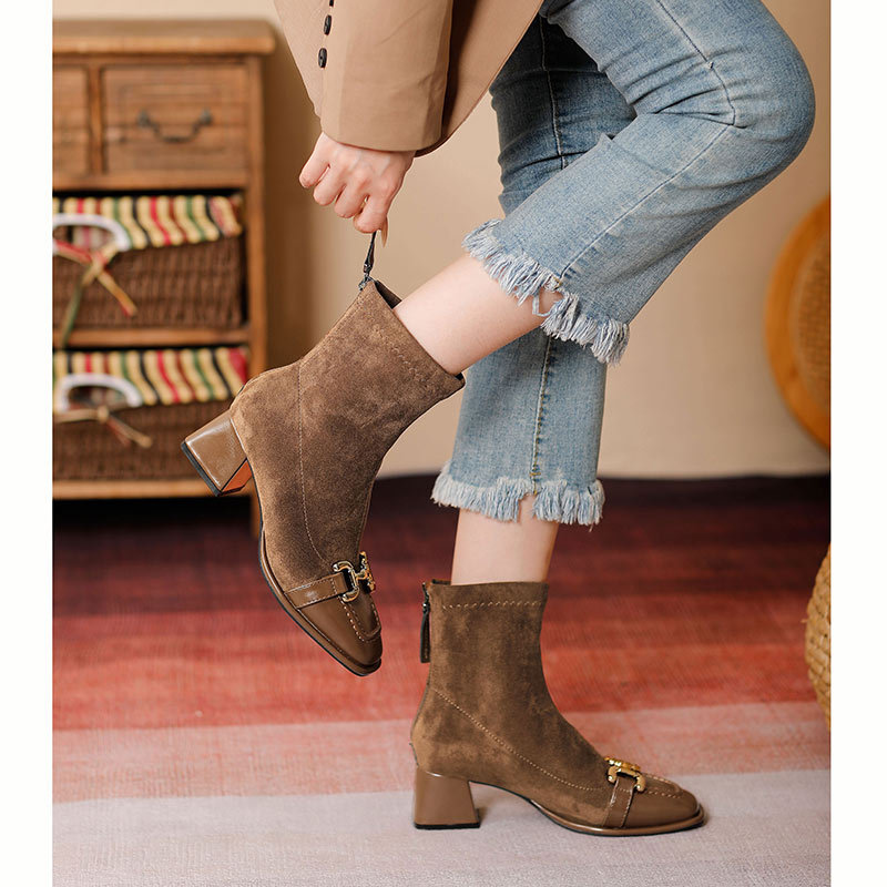 HOT SALES Autumn/Winter Women Sheep Suade Round Toe Square Mid-Heel Ankle Boots Tassel Zipper Fashion Office Ladies Shoes EU36-39