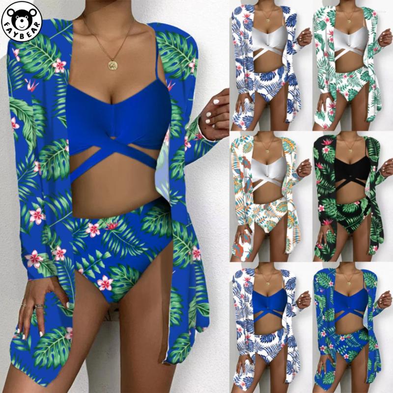 Womens Swimwear 2024 Mesh Three Piece Sunscreen Digital Print Loose Top