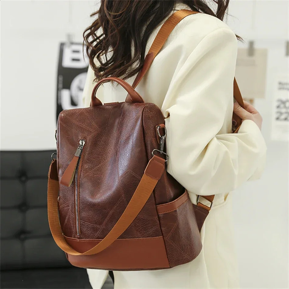 College Women Backpack Soft Leather Vintage Packbag Female Travel Back Pack School Bags for Teenage Girls Shoulder Bag y241115