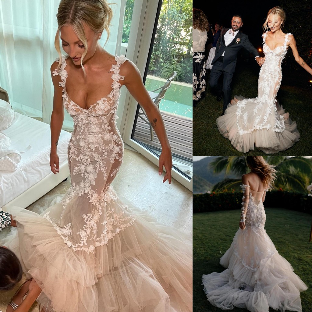 Stunning Mermaid Beaded Wedding Dresses 3D Appliqued Backless Bridal Gowns Spaghetti Straps Necke Tiered Tulle Vestido De Novia