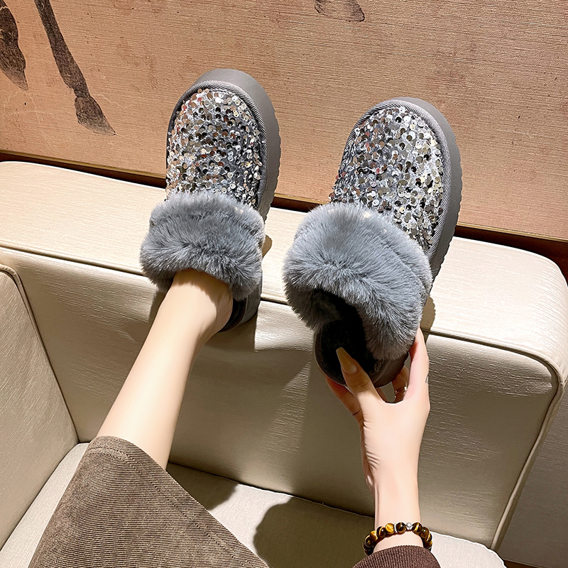 Winter New Warm 4.5CM Platform slipper Black Bling Sequined Cloth Wool Lined Women Fashion Warm shoes Luxurious shiny Cotton boots High quality home c