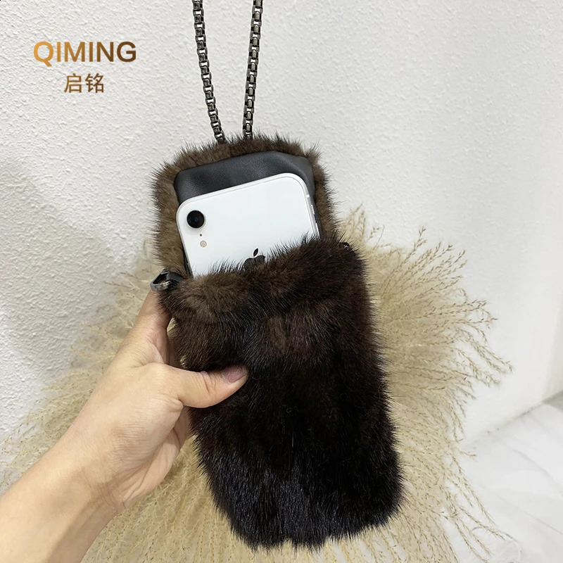 DHXJ 100% Real Mink Fur Crossbody Bags For Women Autumn Winter Plush Purses and Handbags Female Phone Shoulder Bag Wallet 241128