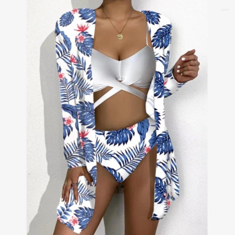 Womens Swimwear 2024 Mesh Three Piece Sunscreen Digital Print Loose Top