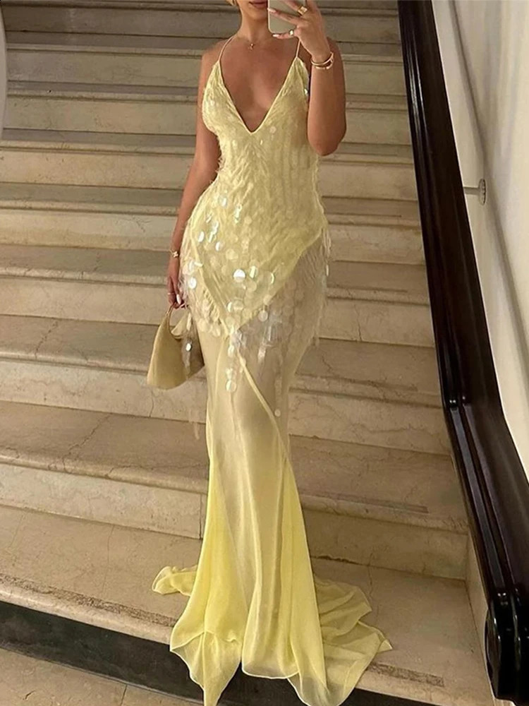 Women Sexy Backless Sequins Dress Vneck Sling Maxi Gown High Waisted Slim Dresses Chic Lady Party Evening Robes 241119