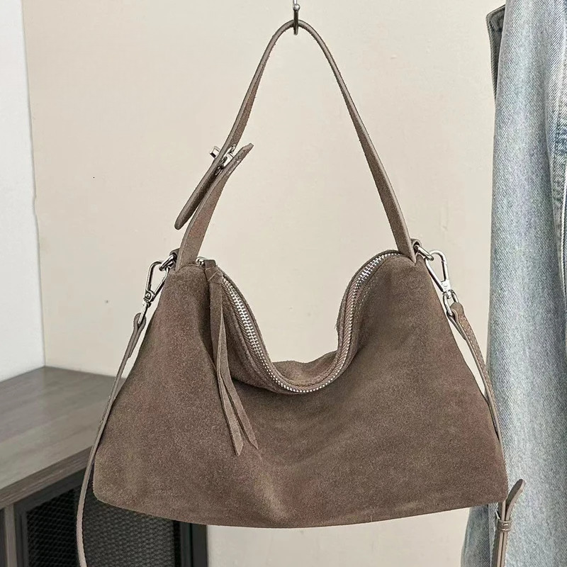 Fashion Autumn Winter Big Boston Tote Soft Matte Suede Cow Leather Women's Handbag Shoulder Crossbody Bag For Women Grey Brown Genuine Leather Ba