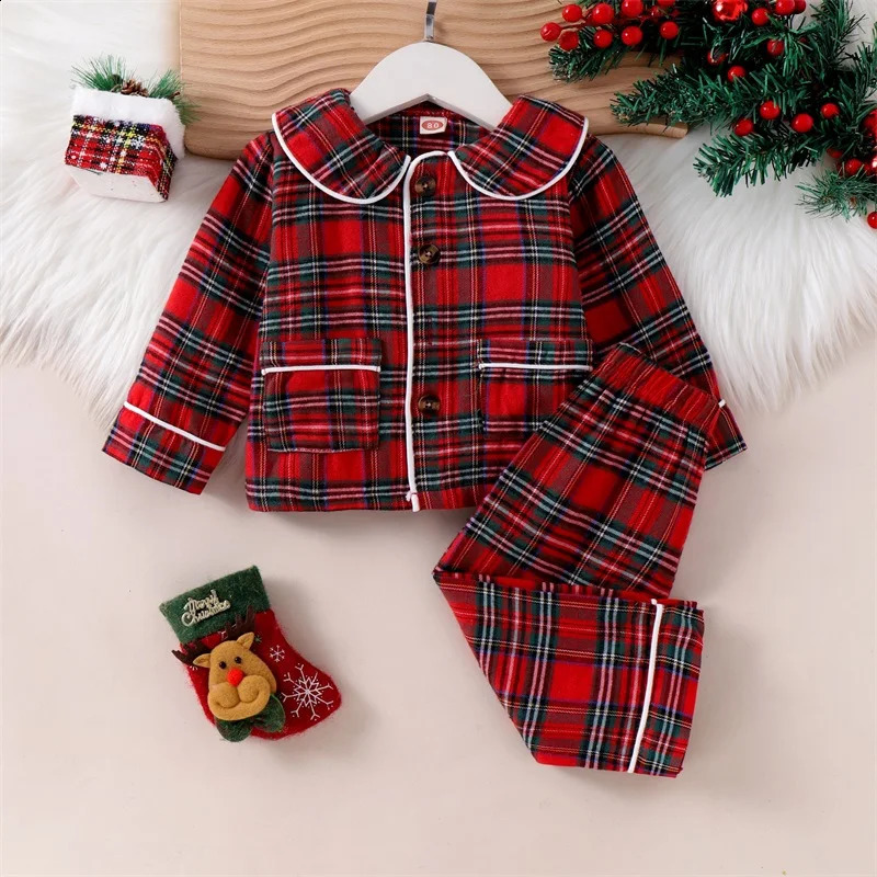 2025 Kids Girls Christmas Pajamas Sets Red Plaid Long Sleeve Turn Down Collar Shirts Tops with Elastic Waist Pants Sleepwear 241120