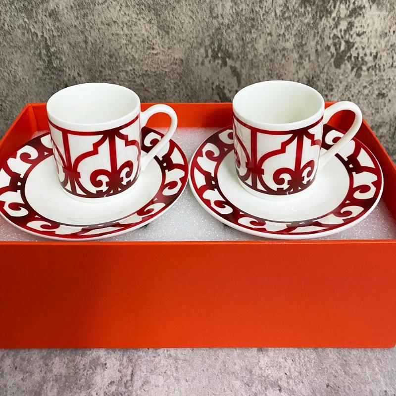 Cups Saucers 6 Pcs Set Chinese Red Top Grade Ceramic Espresso Coffee Cup Tea Milk Drinking With Handle Mug For Office Novelty Z250314