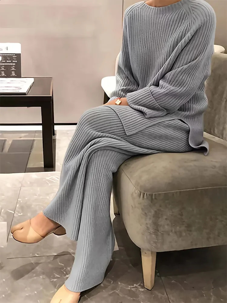 Plus Size Womens Casual Wear Set Solid Color Pullover Two Piece Knitted Sweater Round Neck Cardigan Long Sleeve Suit Trousers 241120