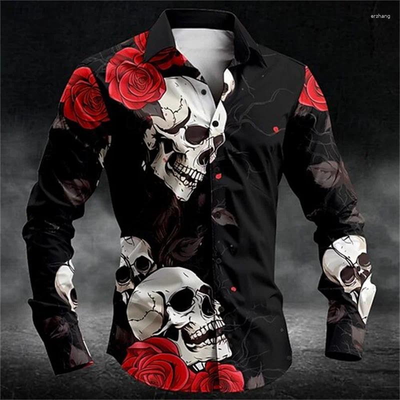 Men's T Shirts Rose Skull Casual Dark Button-Down T-Shirt Long Sleeve Party/Evening Wear Everyday Fall/Winter 3D Printing B2