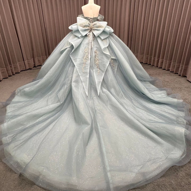 Luxury Light Sea Blue Shiny Quinceanera Dresses Crystals Beading Applique Bow Tull Vestidos De 15 Anos Birthday Party Corset Sweet 16 Dress
