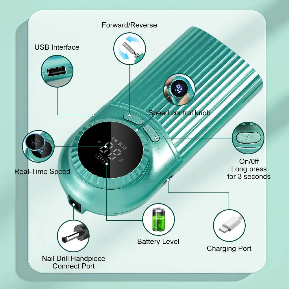 45000RPM nail drill machine with sand bands polishing headnail polisher adjustable speed usb charging sander for nail gel salon 241119