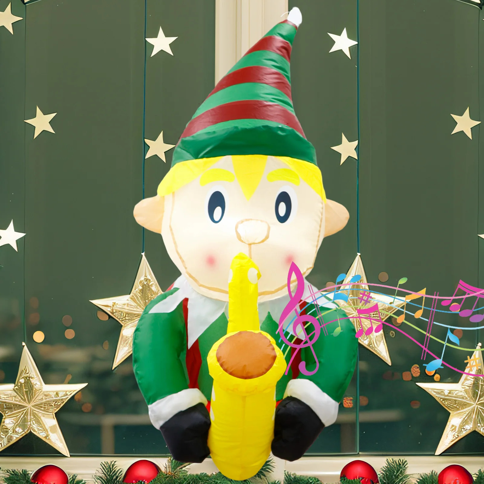 3.5-foot Christmas inflatable elf playing saxophone broken through the window with built-in LED lights for outdoor courtyard decoration 241120