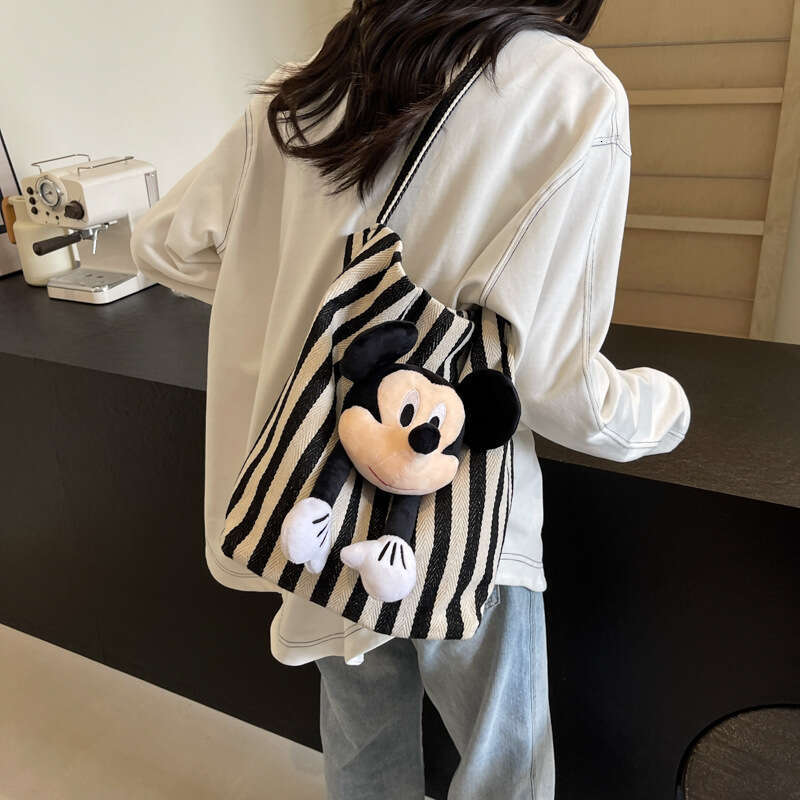 Cartoon Cute Underarm Women's Striped Canvas One Shoulder Bucket Large Capacity Classroom Commuter Tote Bag