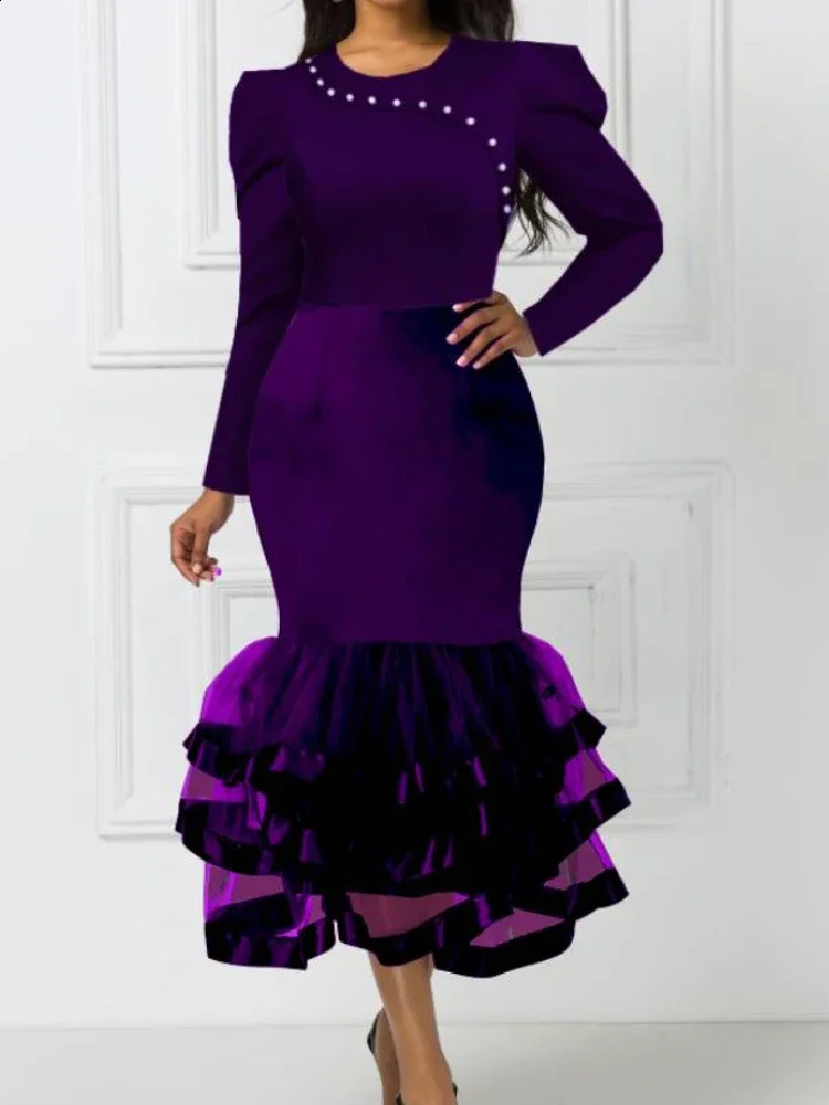 Purple Dresses Mermaid Mesh Long Sleeves Beading Party for Women Package Hip Wedding Guest Female Gowns Occasion Winter African 241119
