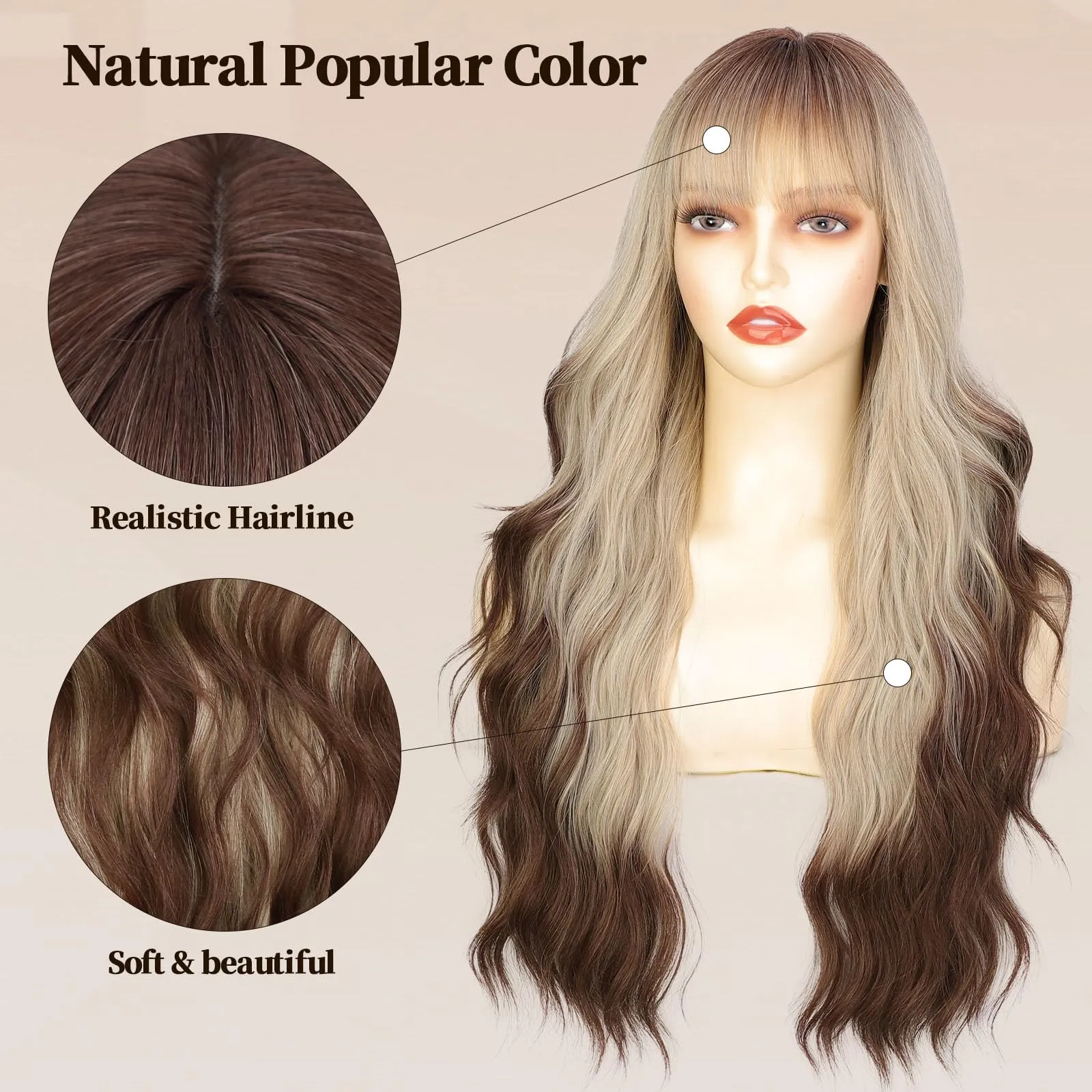 Loose 26inches Blonde Brown Large Waves Wig Full Frontal Closure Wig Omber with Bangs for Black Women Brazilian Full Bone Preplucked Hairline Cheap Wi