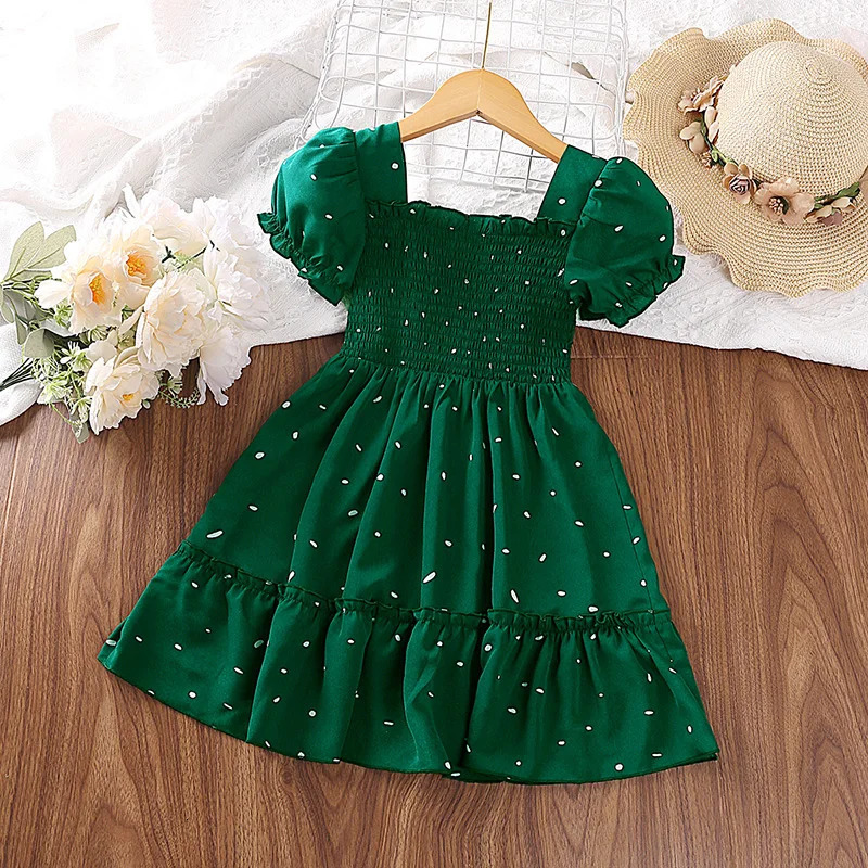 Dress Kids Girls Dark Green Cute Princess 26 Years Short Sleeve Square Collar Puff Layered 240416