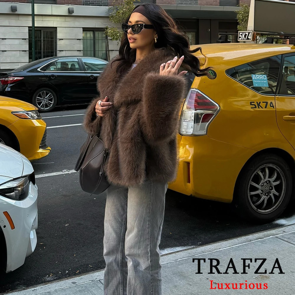 TRAFZA Casual Brown Thick Fur Jackets Women Long Sleeve V Neck Autumn Winter Faux Coats Fashion Streetwear Outwears 241120