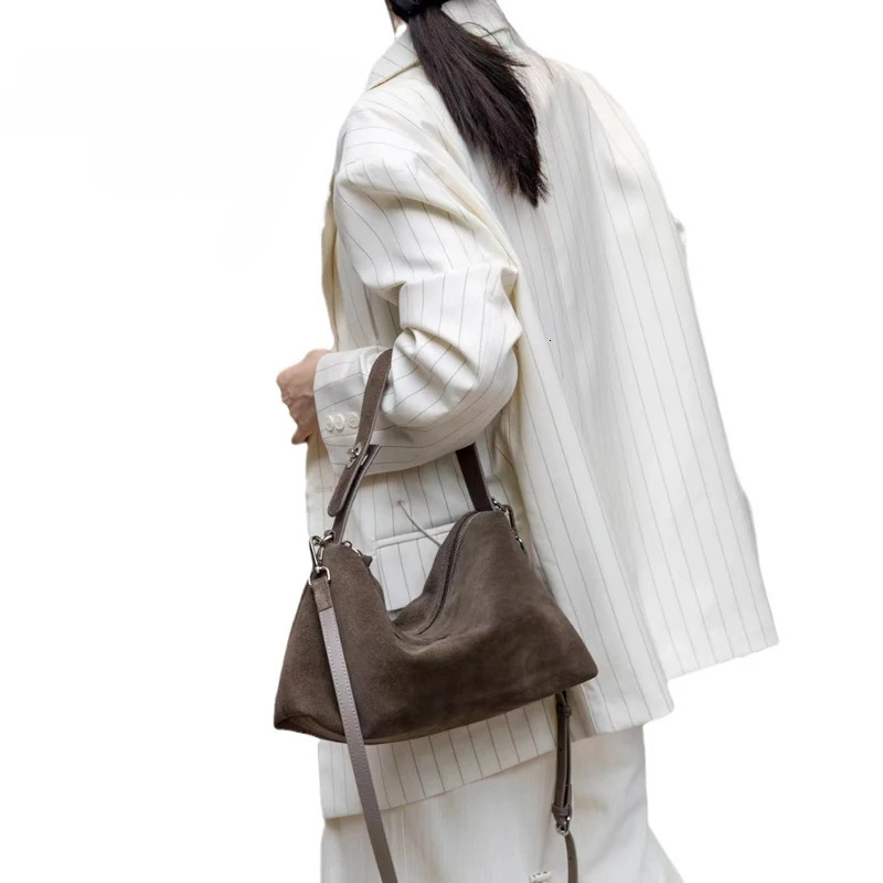 Fashion Autumn Winter Big Boston Tote Soft Matte Suede Cow Leather Women's Handbag Shoulder Crossbody Bag For Women Grey Brown Genuine Leather Ba