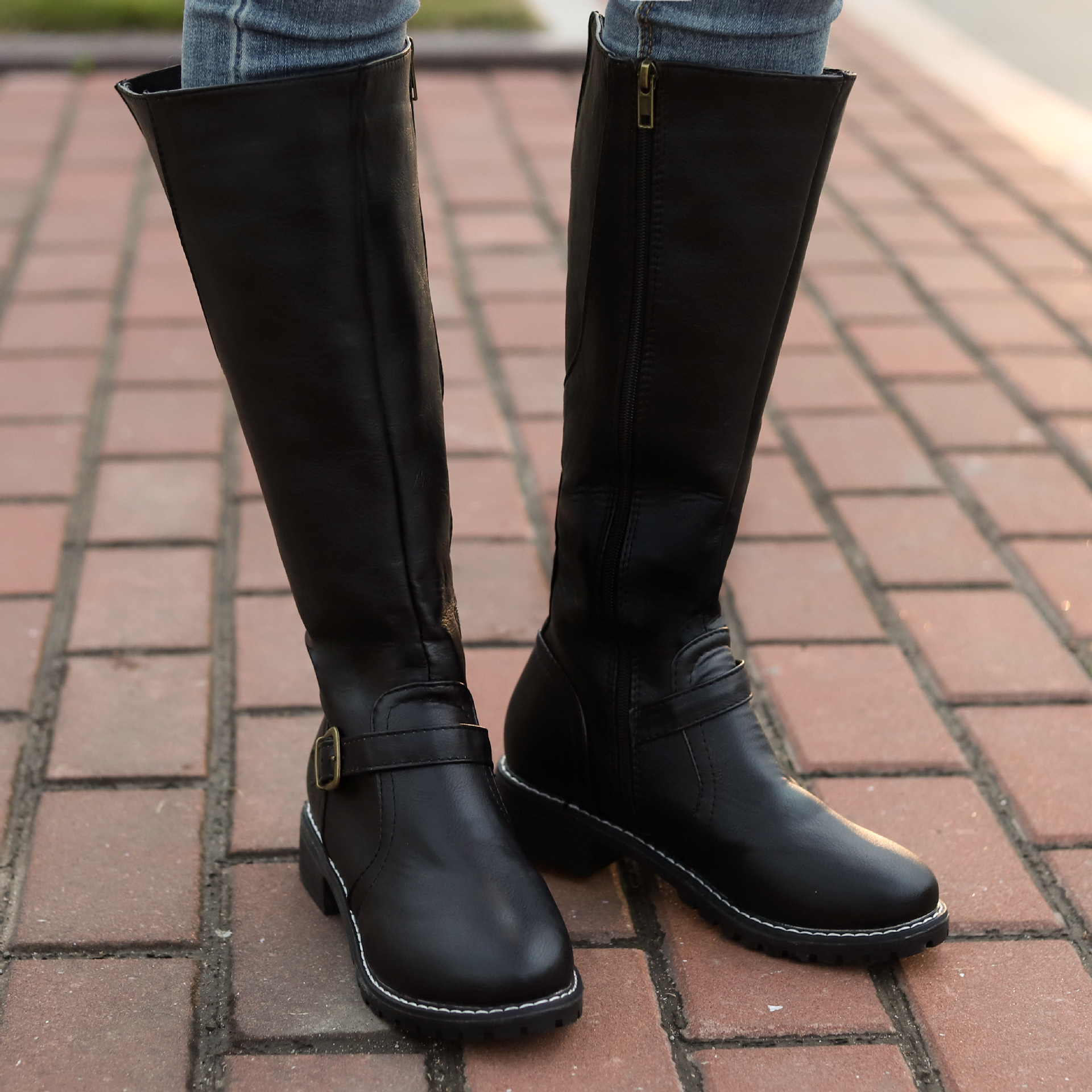 Knee High Fashion Low Heels Square Platform Long Boots Brown Black Leather Zip Winter Women Warm Shoes Boos fg6