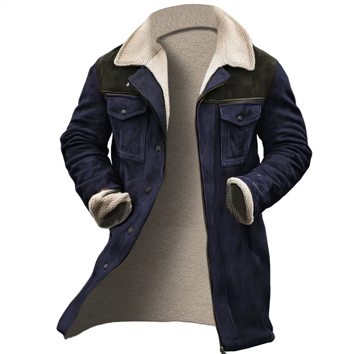 Europe and The United States Fashion Solid Color Fleecing Zipper Trench Coat Mens Autumn Winter Midlength Warm 241119