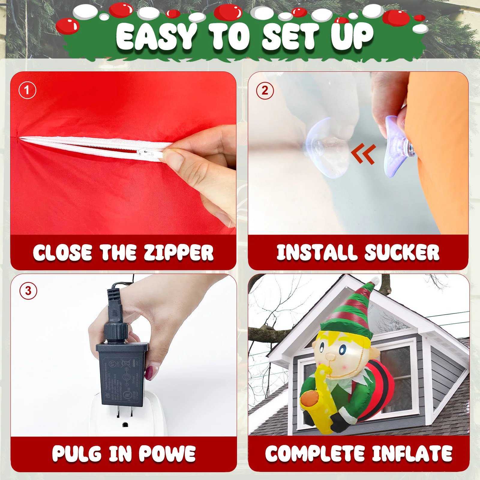 3.5-foot Christmas inflatable elf playing saxophone broken through the window with built-in LED lights for outdoor courtyard decoration 241120