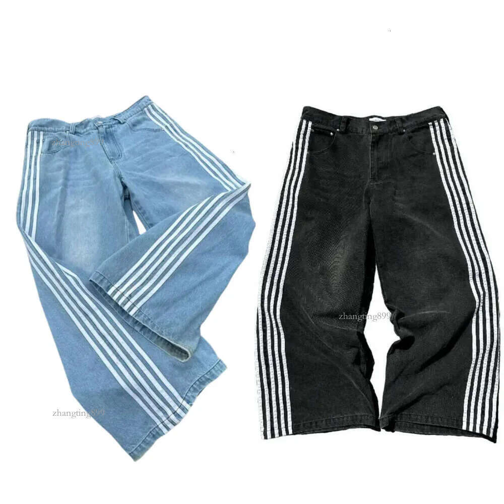 Baggy Jeans Harajuku Goth Y2k Designer Jeans for Men Black Striped New Hip Hop Embroidered Wide Leg Denim Pants High Street Streetwear