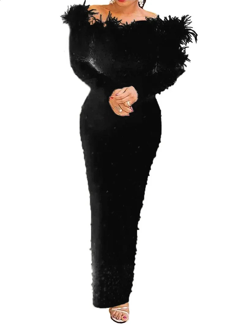 Evening Sexly Fashion Women Long Dress Cocktail Party Elegant Slim Fit Feather AnkleLength Hip Wrapped Dresses 241119