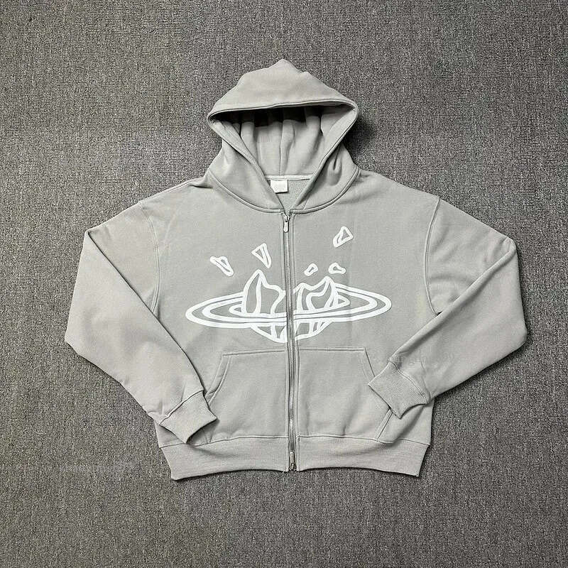 Y2k Men's Hoodies Heavyweight pure cotton space gray printed hoodie set with American trendy zippered jacket