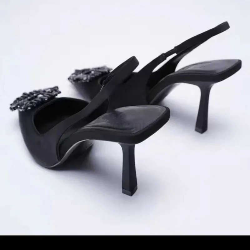 New High-heeled Sandal A Word Back Trip with Rhine Decorated Bao Sandal Pointed Single Shoe Shallow High H Wen Z250304